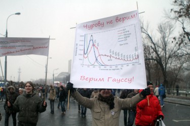 Distribuição de Gauss no cartaz de um manifestante na praça de Bolotnaya. O slogan diz "Nós acreditamos em Gauss". Foto de Norweigen Forest no Live Journal.