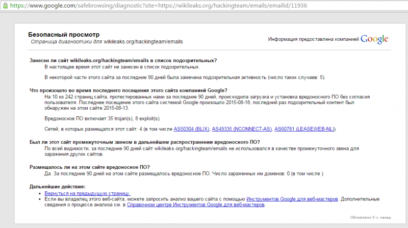 Скриншот информации о безопасном просмотре от Goggle для вложения из слива Hacking Teamк письму с идентификационным номером 11936. Скриншот сделан 22 августа 2015 года.